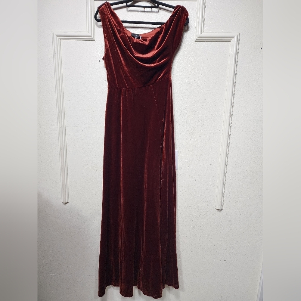 Lulus Coveted Confidence Rust Orange Velvet Asymmetrical Maxi Dress M Wedding - Picture 6 of 9